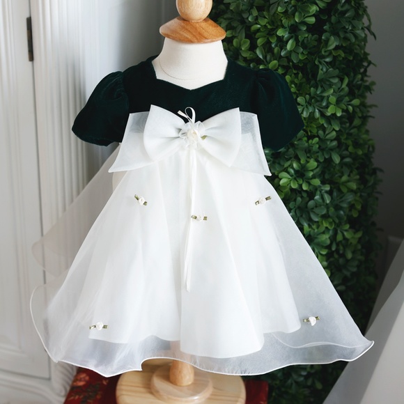 Baby Girl's Dress Green Velvet Ivory Chiffon Size 6-9 Months Special Occasion - Picture 1 of 6